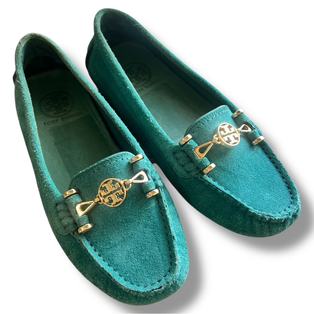 Tory Burch Teal Suede Moccasin Loafers with Gold Logo Hardware